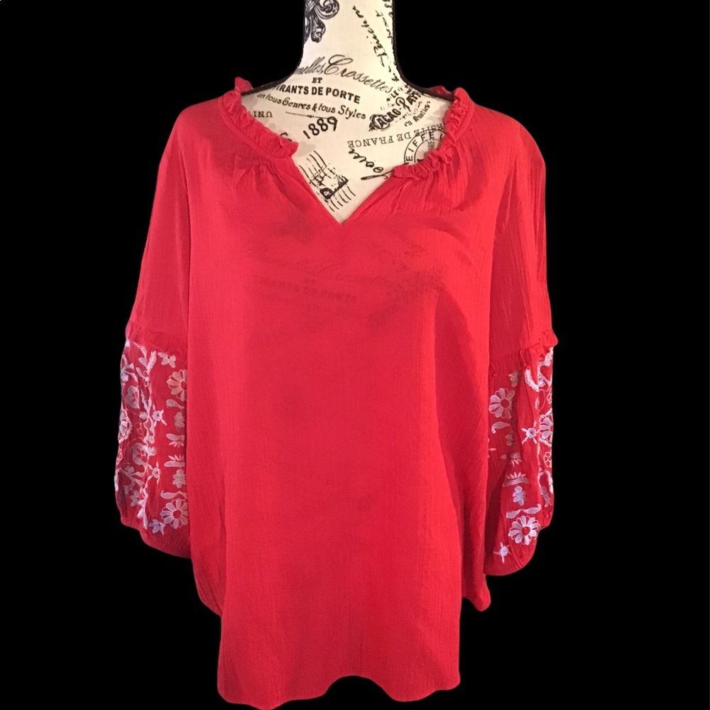 Liz~ red with embroidered sleeves NWOT